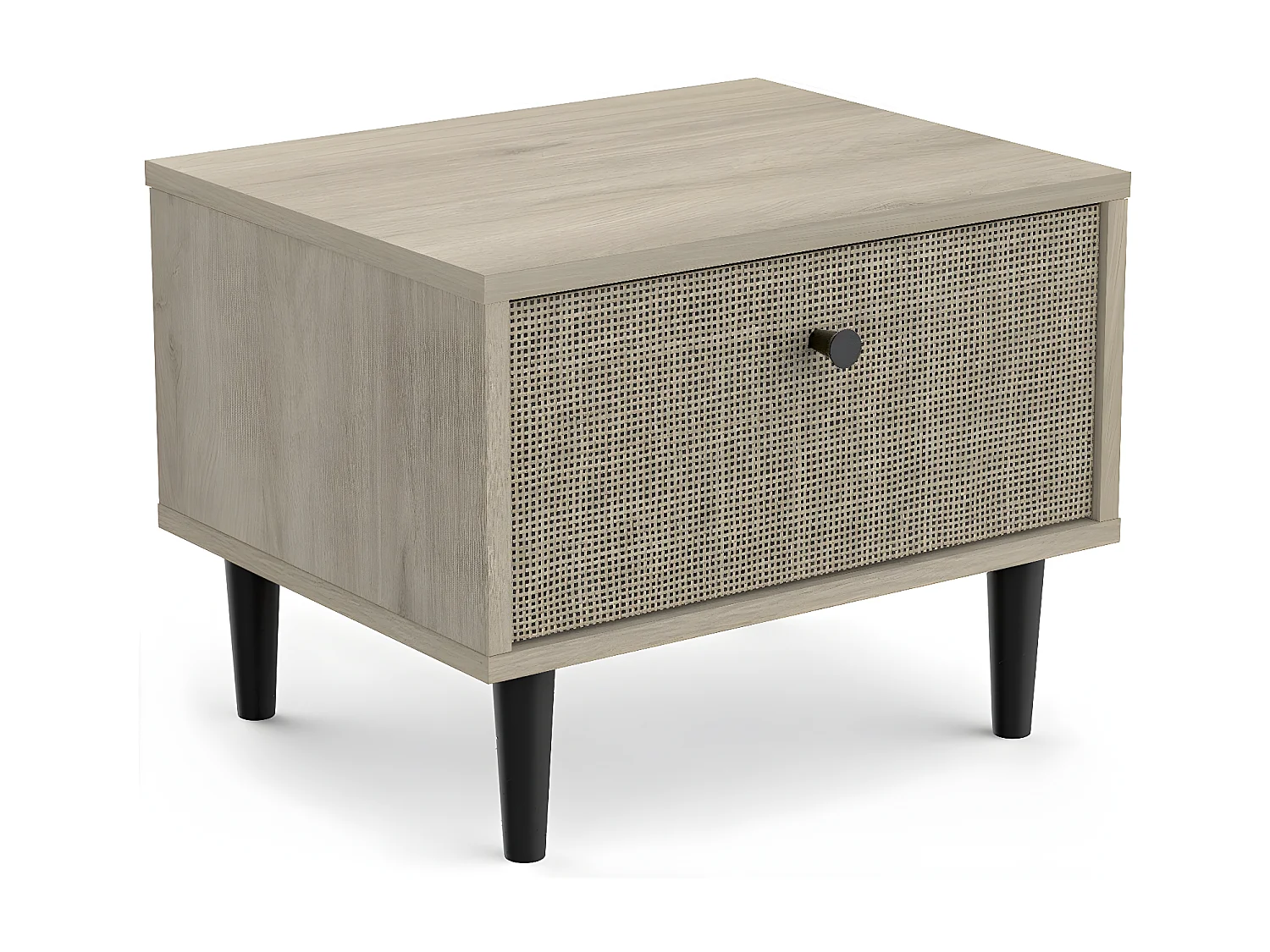 Chevet 1 Tiroir décor Chêne - Impression Rotin et Noir Mat L44,6 cm - Saïgon