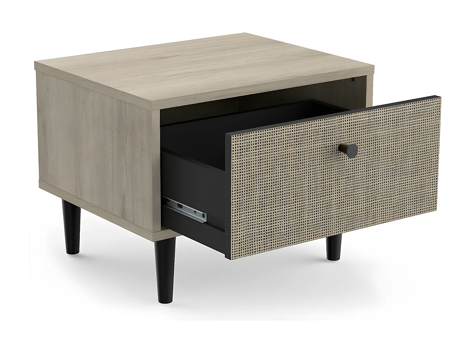 Chevet 1 Tiroir décor Chêne - Impression Rotin et Noir Mat L44,6 cm - Saïgon