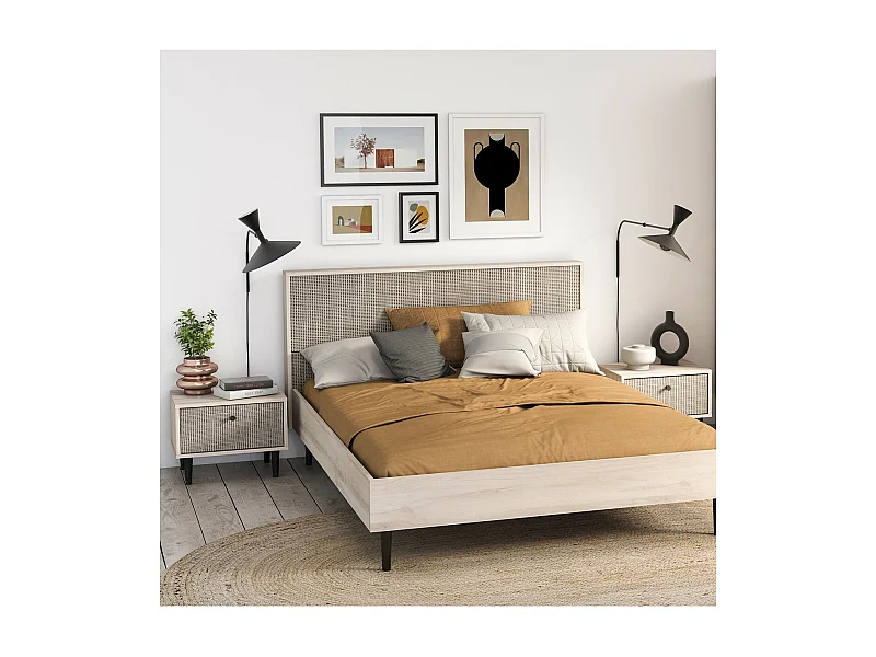 Comodino 1 cassetto effetto rovere e rattan L44,6 cm - Saïgon