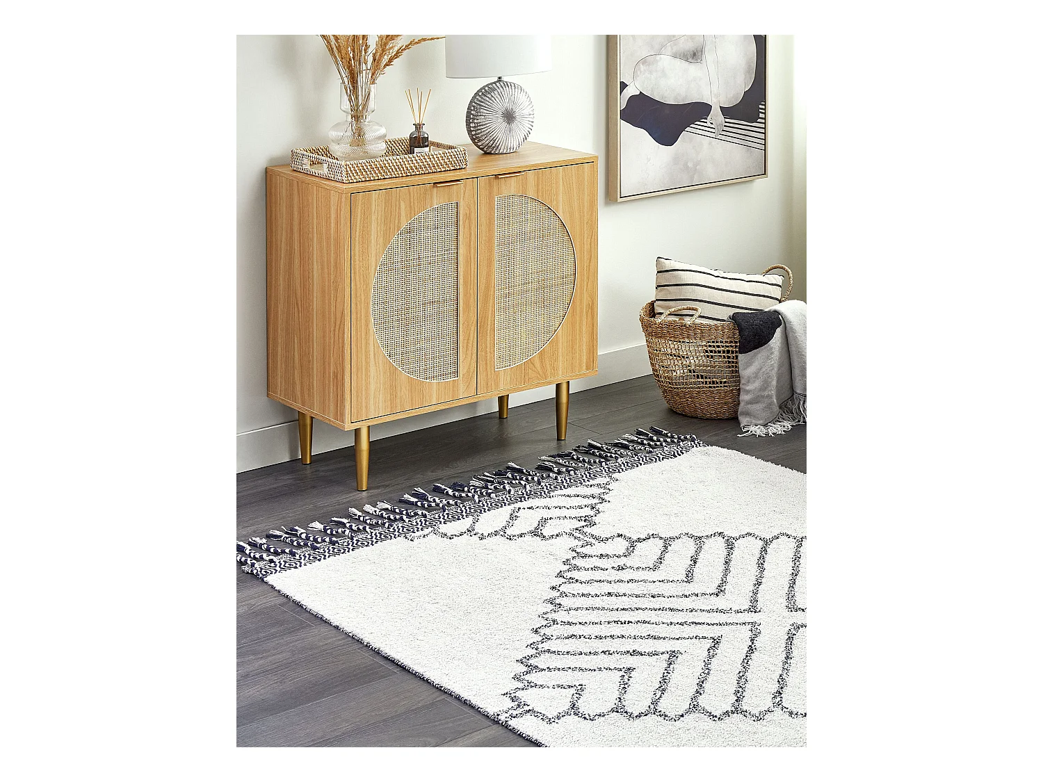 Teppich Baumwolle weiss / schwarz 140 x 200 cm geometrisches Muster Kurzflor ERAY