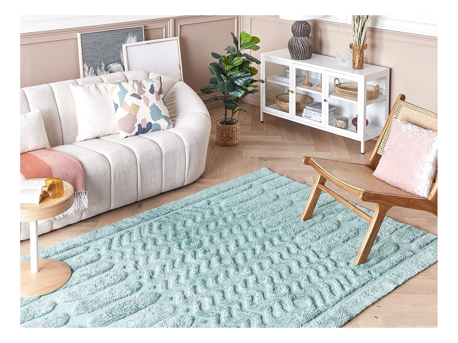 Teppich Baumwolle grün einfarbig geometrisches Muster 140 x 200 cm Modern Sirnak