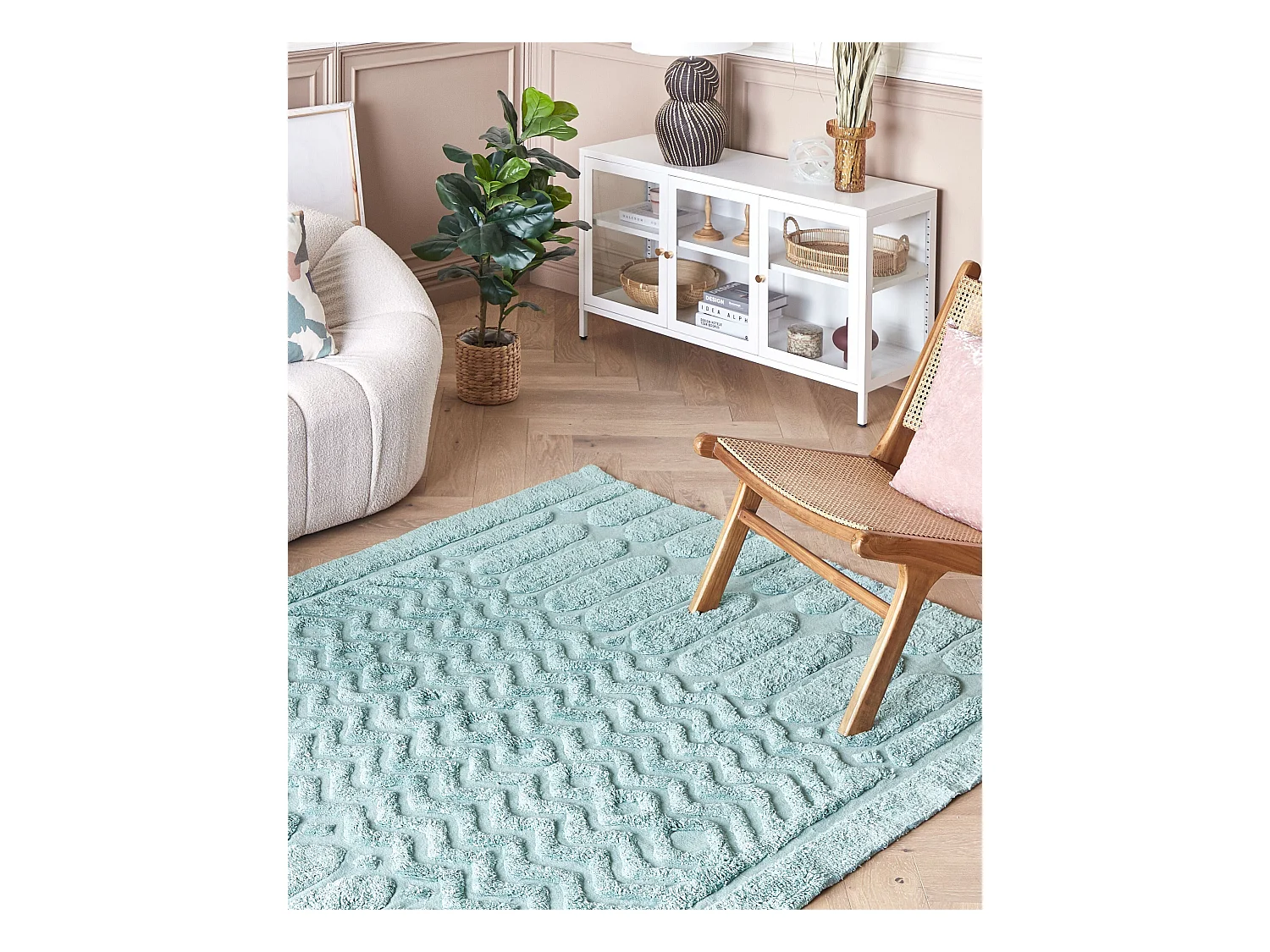 Teppich Baumwolle grün einfarbig geometrisches Muster 140 x 200 cm Modern Sirnak