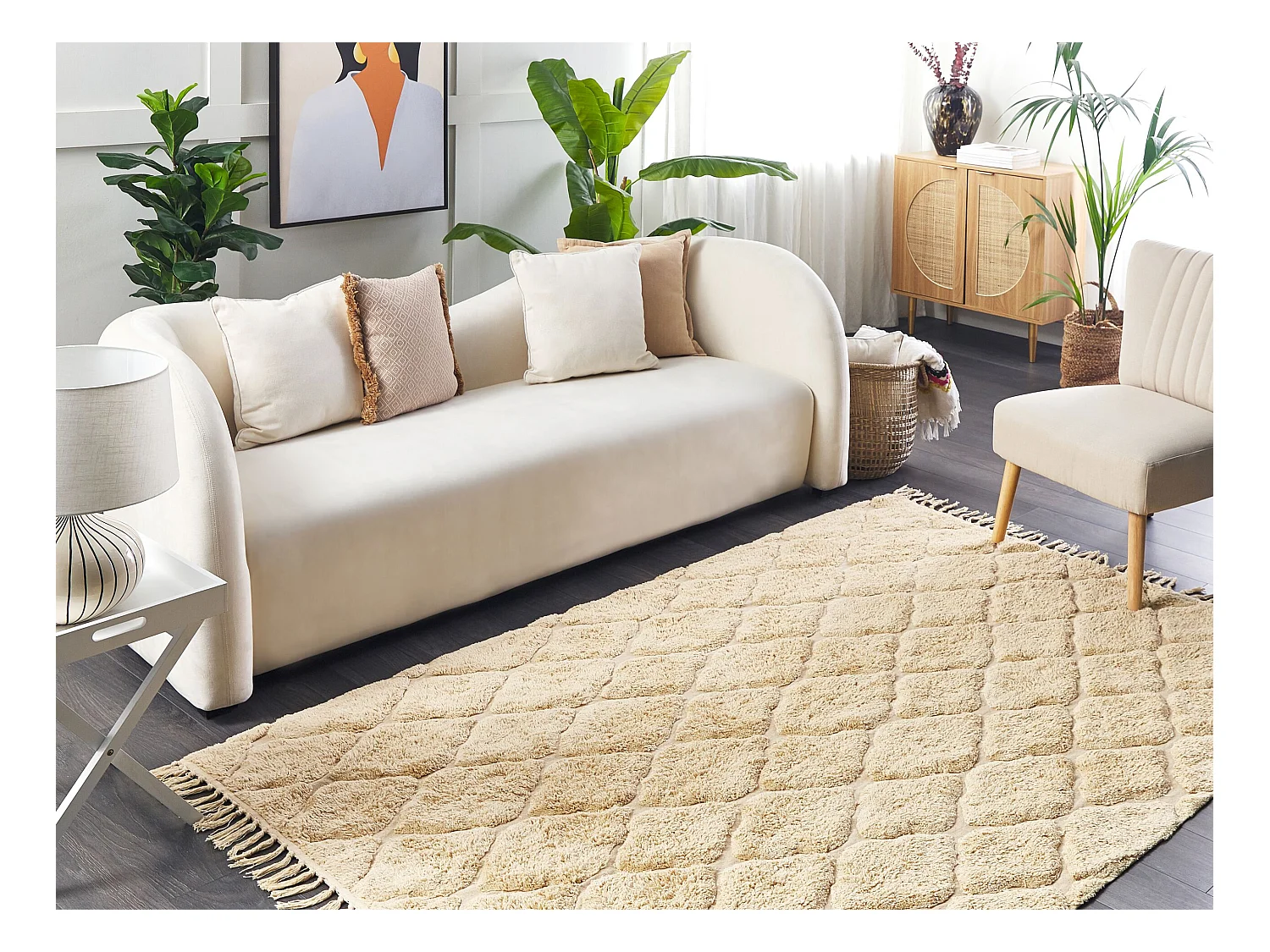 Teppich Baumwolle beige mit Fransen geometrisches Muster 140 x 200 cm Sanliurfa