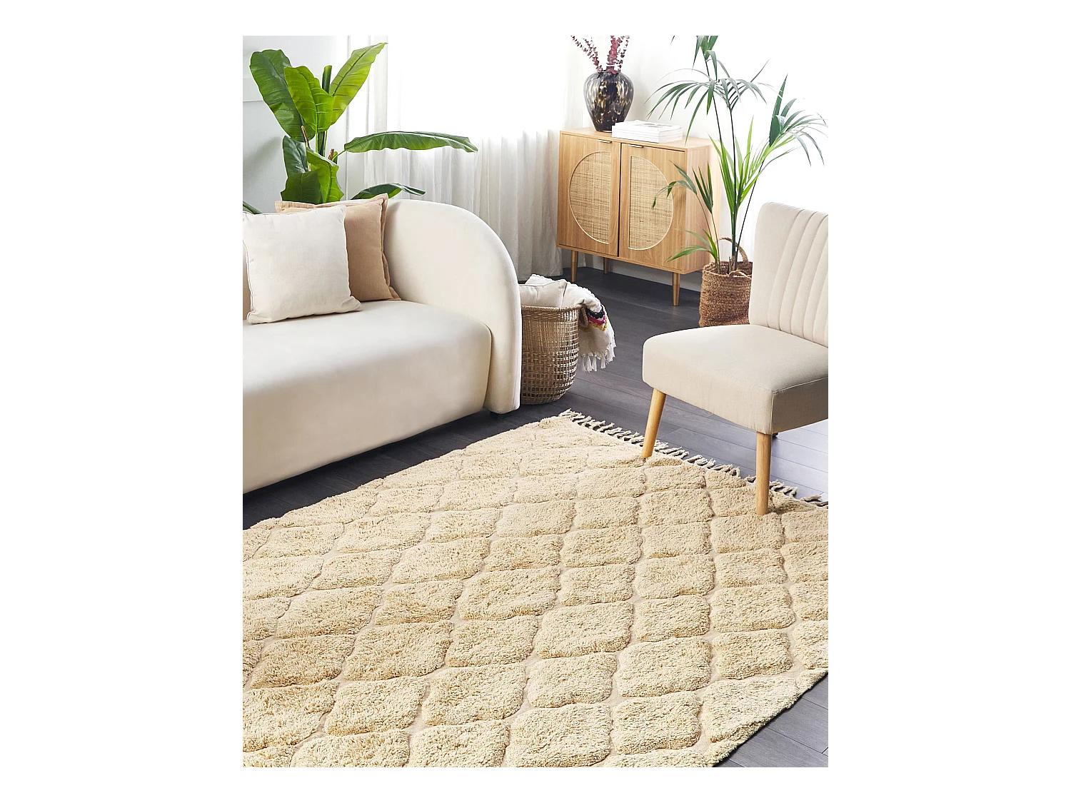 Teppich Baumwolle beige mit Fransen geometrisches Muster 140 x 200 cm Sanliurfa
