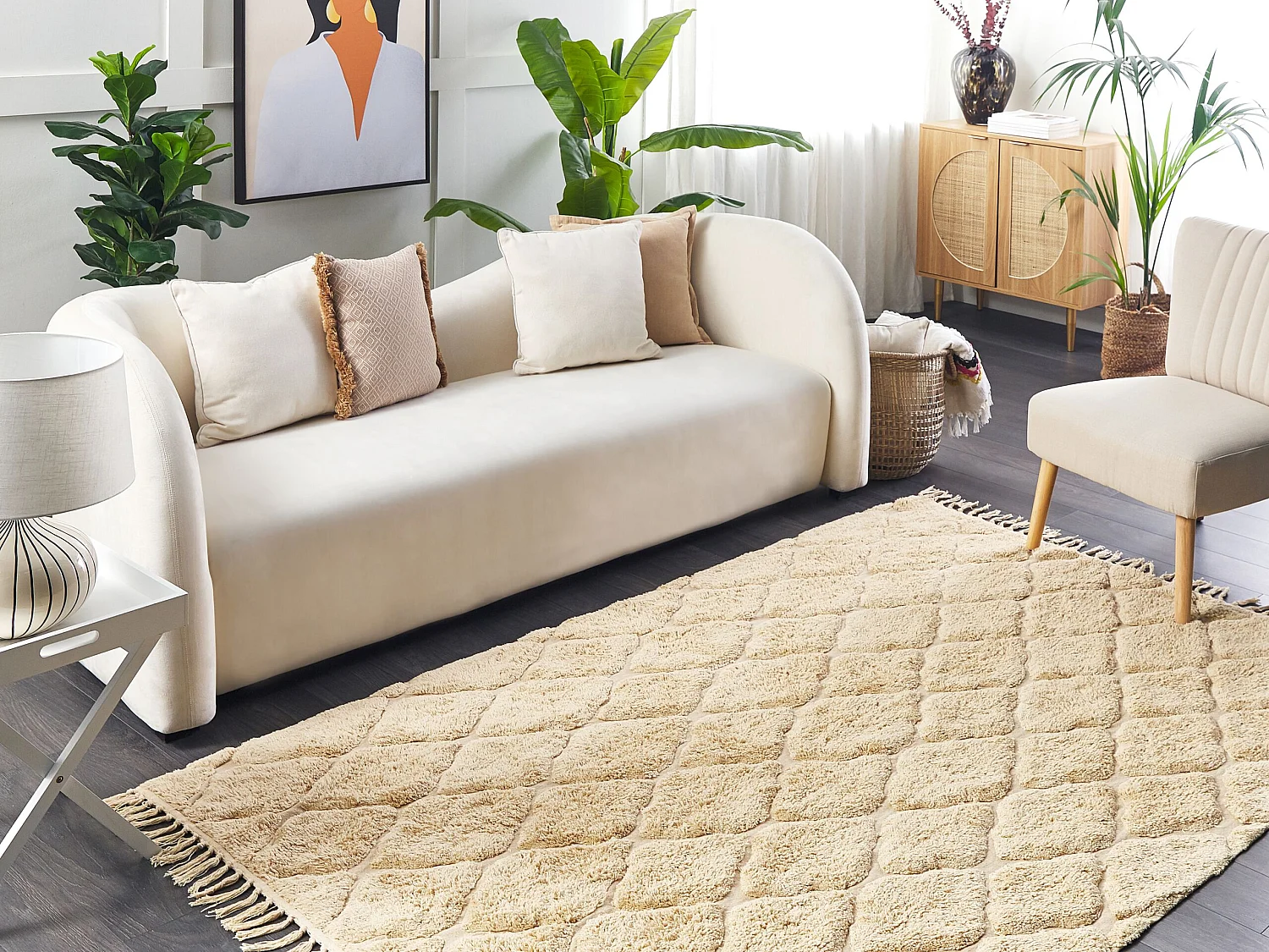 Teppich Baumwolle beige mit Fransen geometrisches Muster 140 x 200 cm Sanliurfa