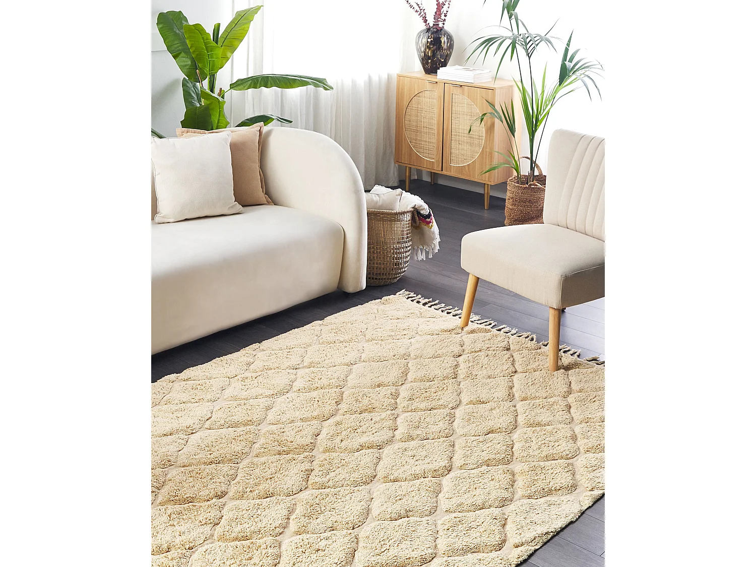 Teppich Baumwolle beige mit Fransen geometrisches Muster 140 x 200 cm Sanliurfa