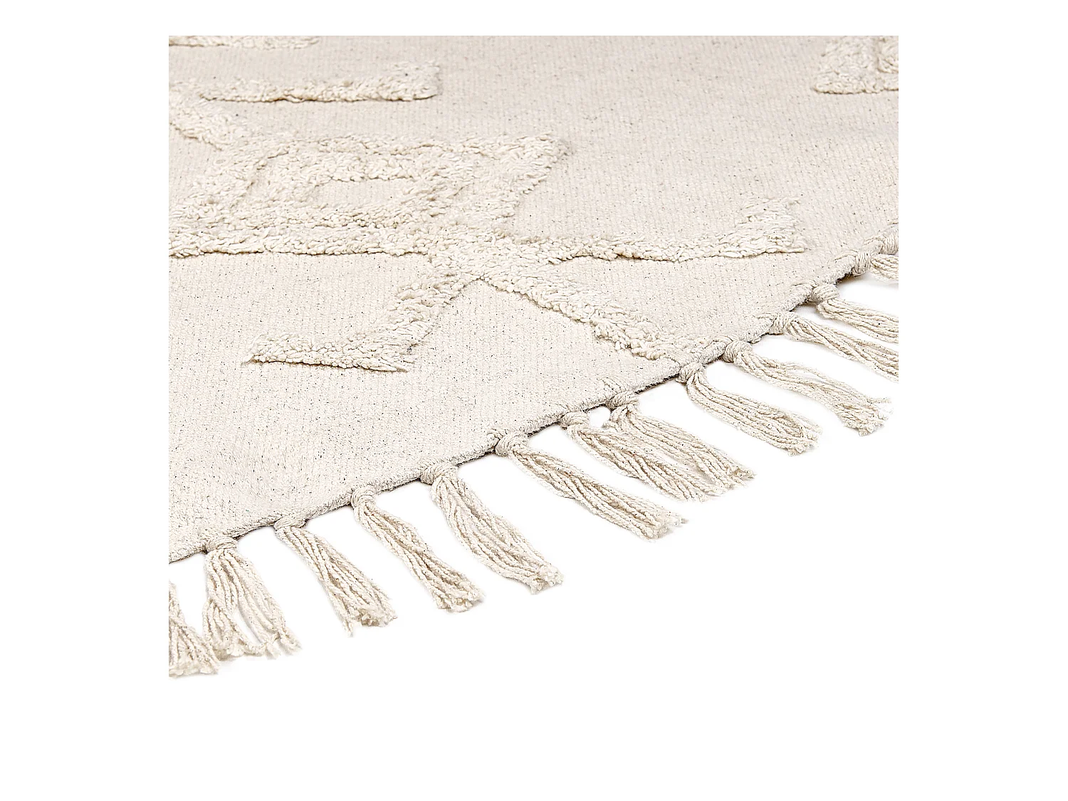 Teppich Baumwolle beige mit Fransen geometrisches Muster rund 140 cm Boho Harran
