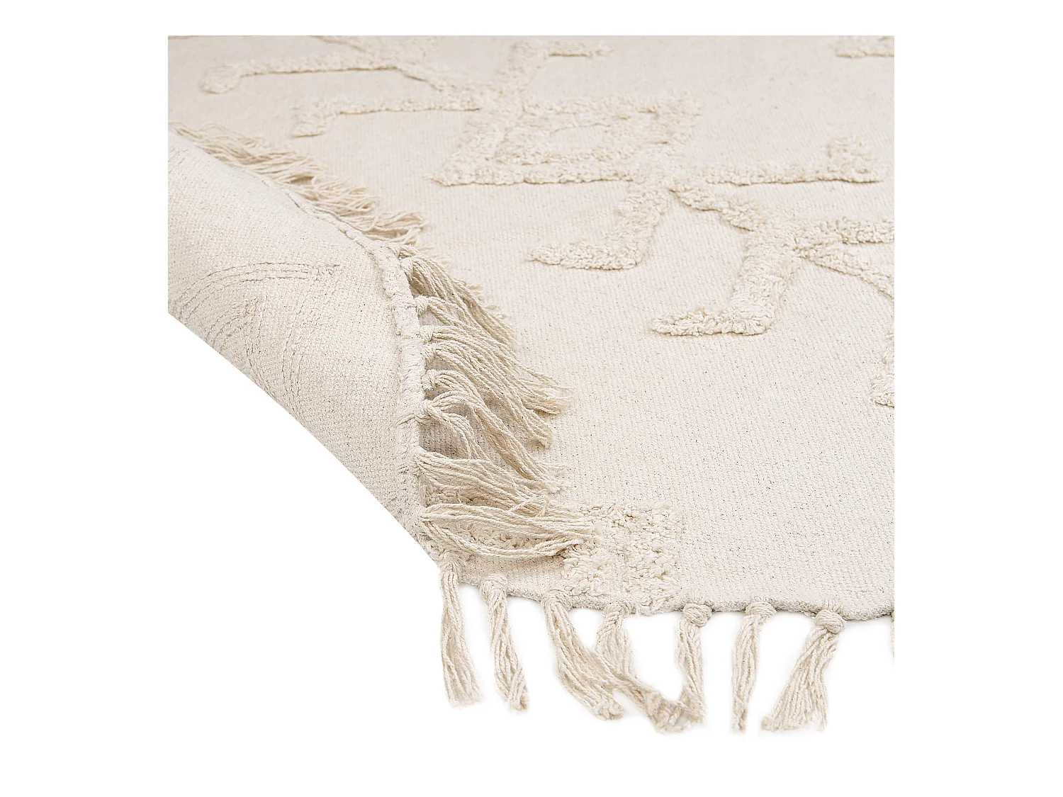 Teppich Baumwolle beige mit Fransen geometrisches Muster rund 140 cm Boho Harran