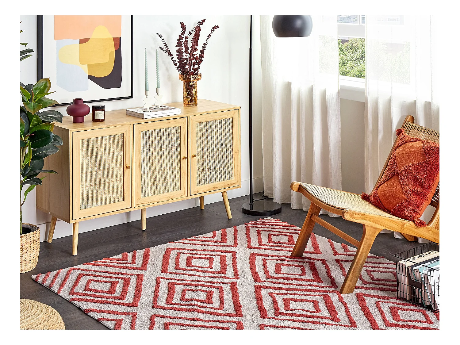 Teppich Baumwolle weiß / rot geometrisches Muster 160 x 230 cm Modern Haskoy