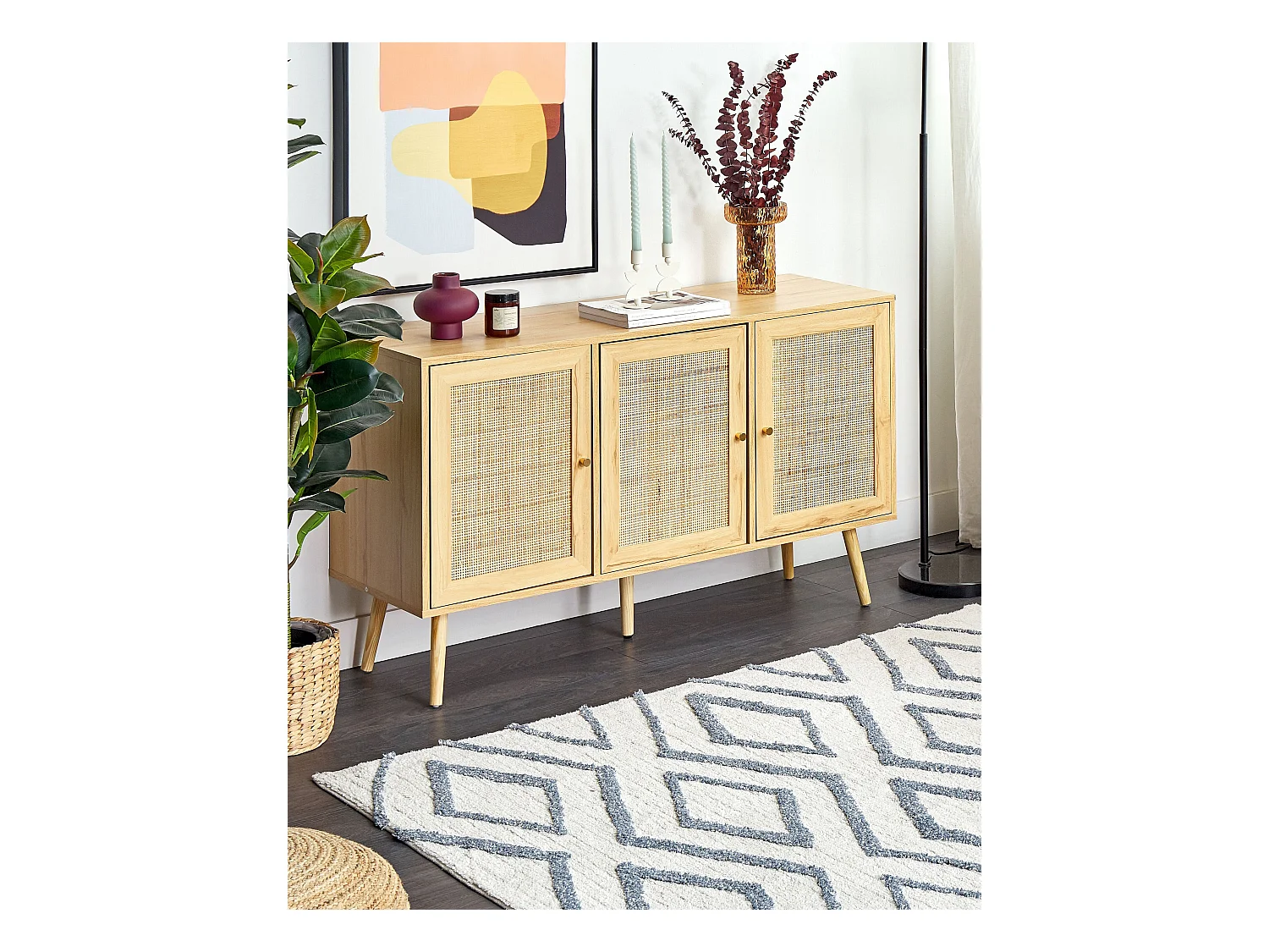 Teppich Baumwolle weiß / blau geometrisches Muster 160 x 230 cm Modern Menderes