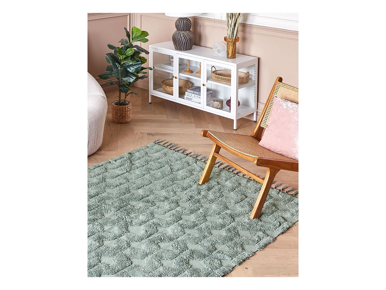 Teppich Baumwolle grün mit Fransen geometrisches Muster 140 x 200 cm Kars