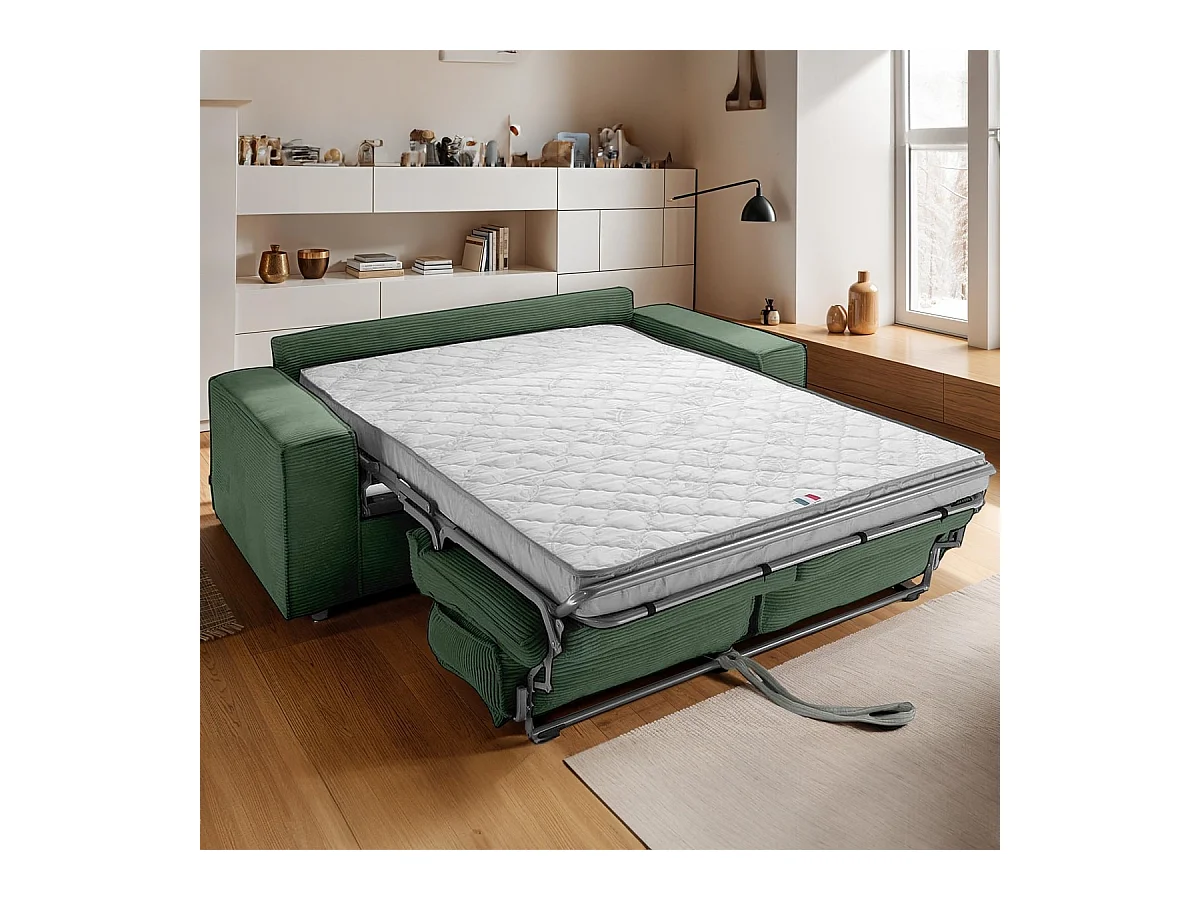 Canapé convertible 3 places en velours côtelé vert - Ouverture express - Couchage quotidien - Matelas HD 140 x 190 - Dario