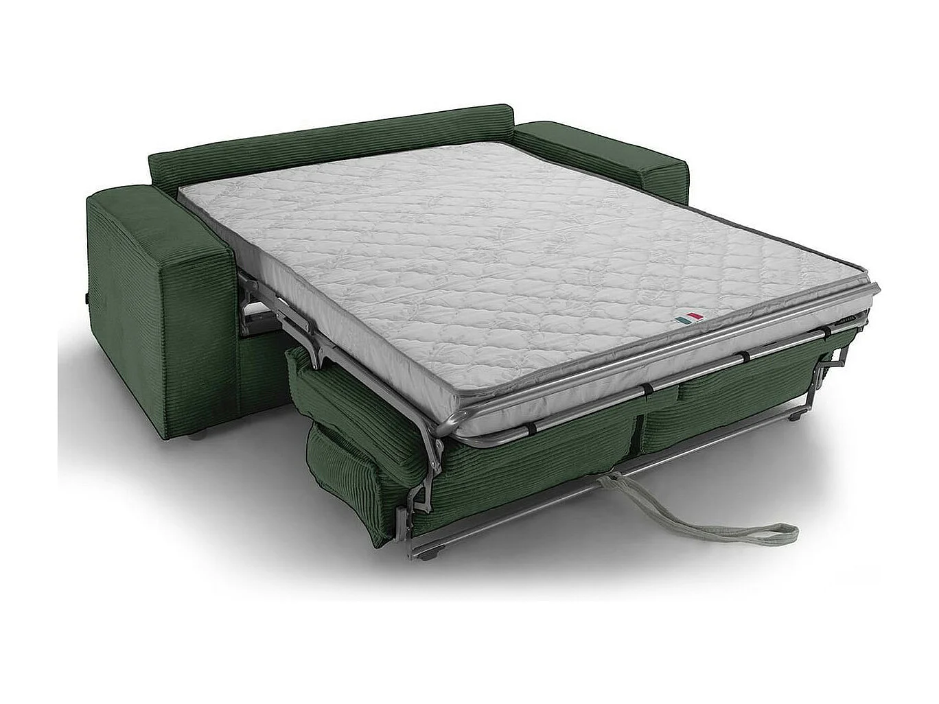 Canapé convertible 3 places en velours côtelé vert - Ouverture express - Couchage quotidien - Matelas HD 140 x 190 - Dario