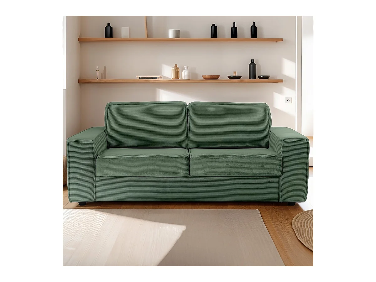 Canapé convertible 3 places en velours côtelé vert - Ouverture express - Couchage quotidien - Matelas HD 140 x 190 - Dario