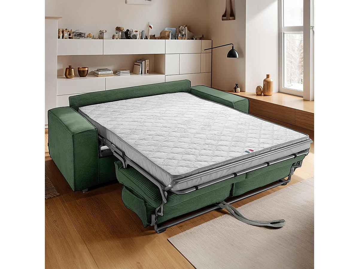 Canapé convertible 3 places en velours côtelé vert - Ouverture express - Couchage quotidien - Matelas HD 140 x 190 - Dario