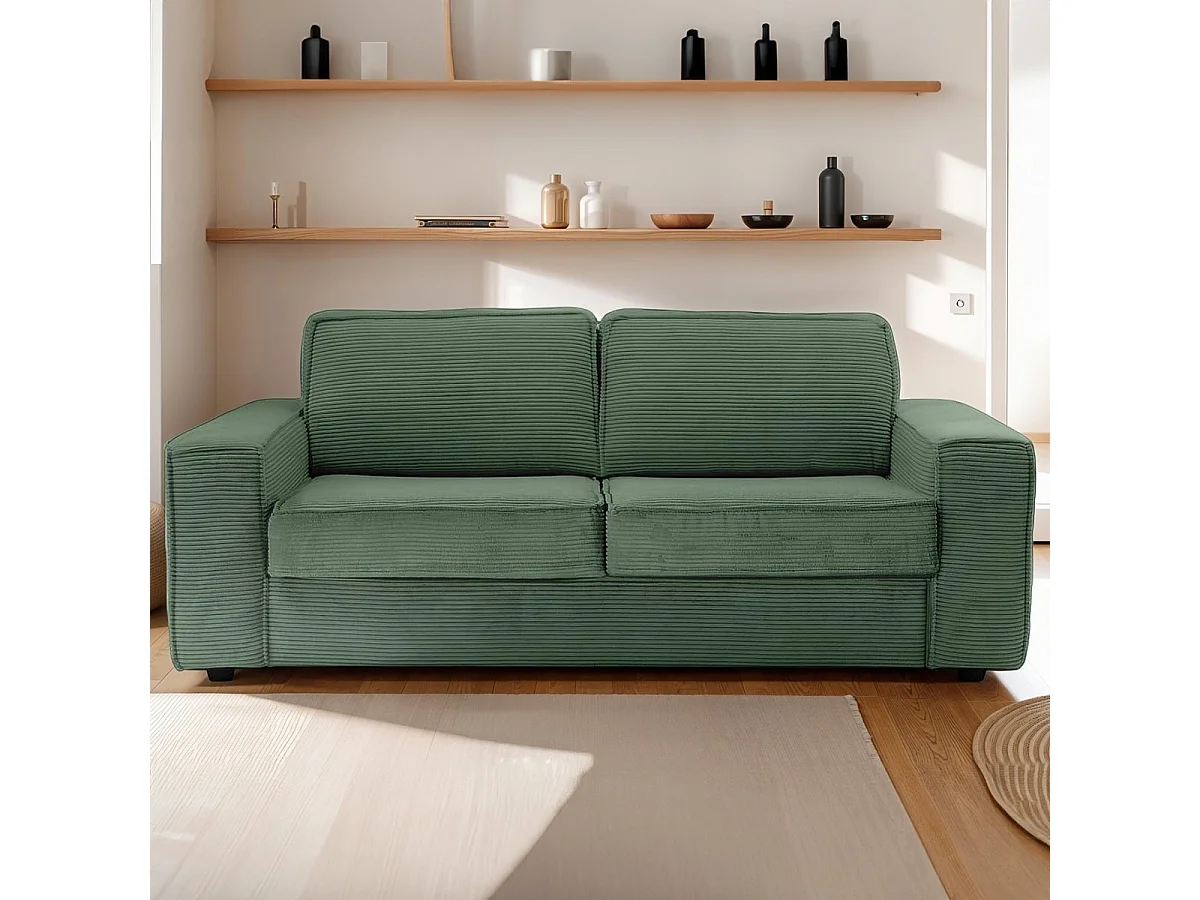 Canapé convertible 3 places en velours côtelé vert - Ouverture express - Couchage quotidien - Matelas HD 140 x 190 - Dario