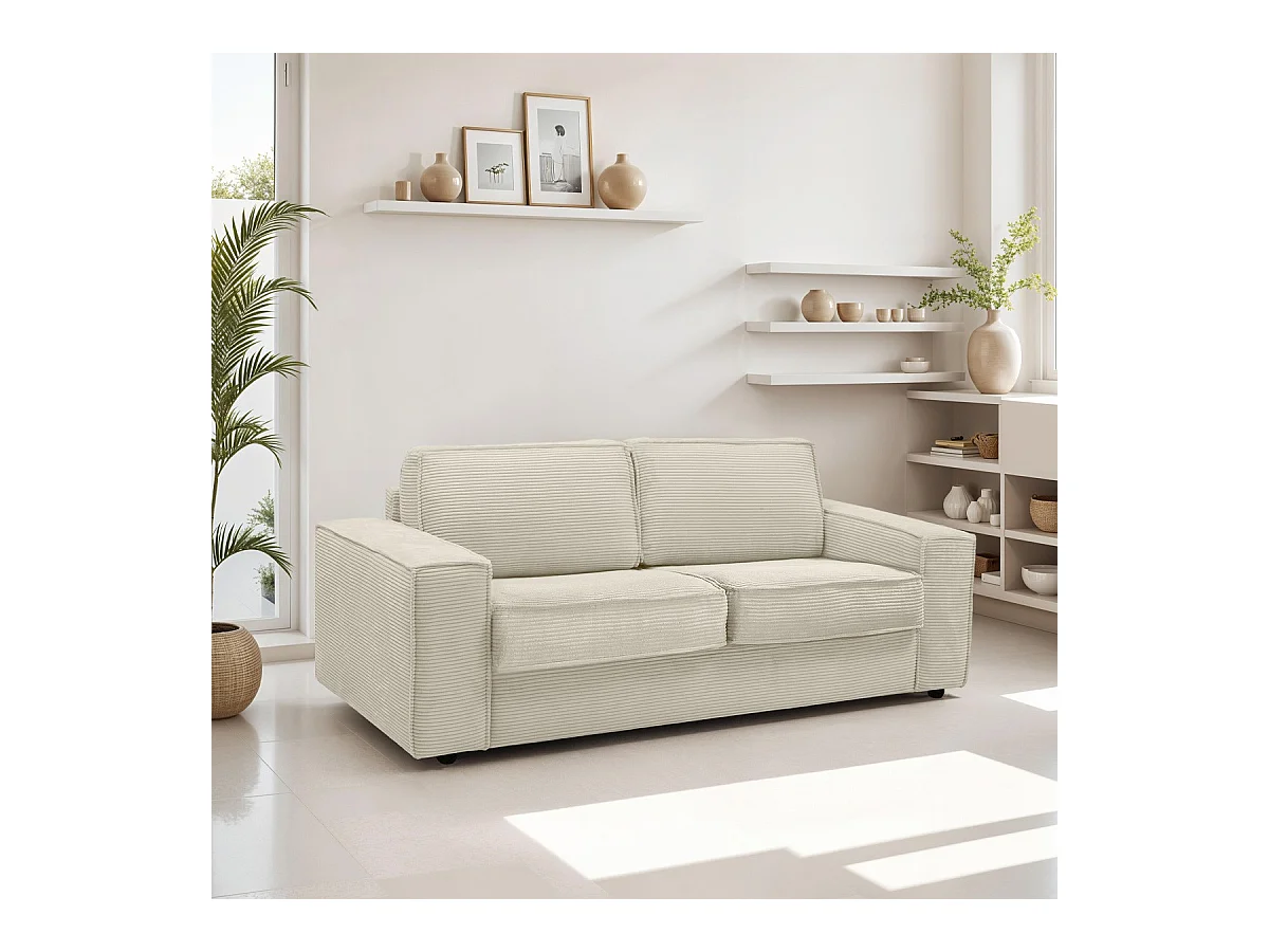 Canapé convertible 3 places en velours côtelé beige - Ouverture express - Couchage quotidien - Matelas HD 140 x 190 - Dario