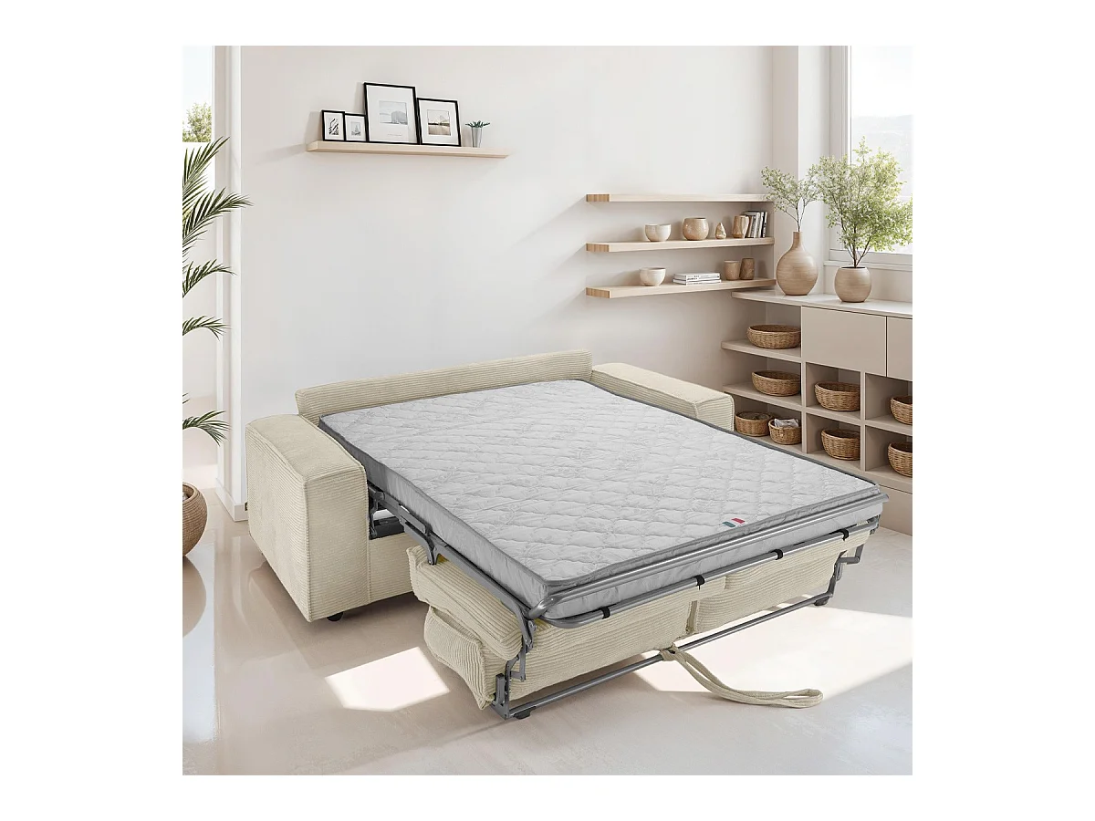Canapé convertible 3 places en velours côtelé beige - Ouverture express - Couchage quotidien - Matelas HD 140 x 190 - Dario