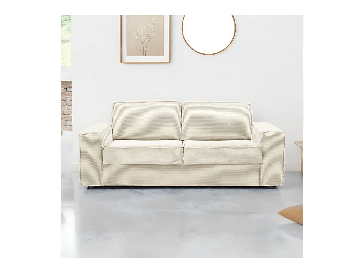 Canapé convertible 3 places en velours côtelé beige - Ouverture express - Couchage quotidien - Matelas HD 140 x 190 - Dario