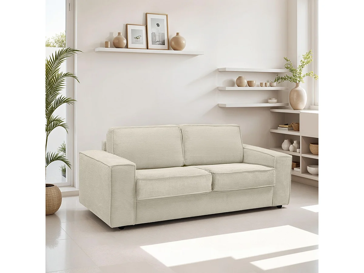 Canapé convertible 3 places en velours côtelé beige - Ouverture express - Couchage quotidien - Matelas HD 140 x 190 - Dario