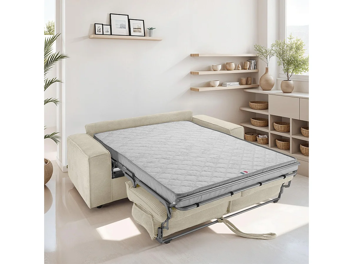 Canapé convertible 3 places en velours côtelé beige - Ouverture express - Couchage quotidien - Matelas HD 140 x 190 - Dario