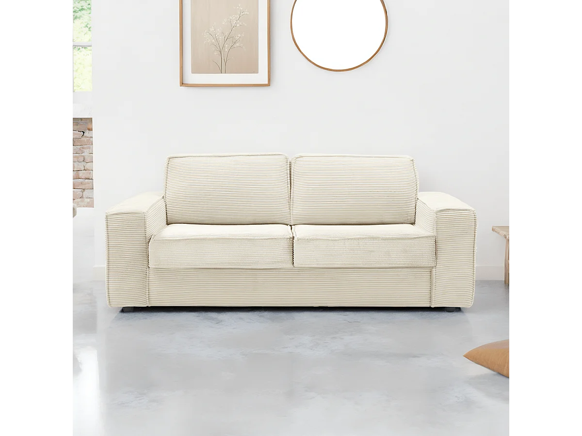 Canapé convertible 3 places en velours côtelé beige - Ouverture express - Couchage quotidien - Matelas HD 140 x 190 - Dario