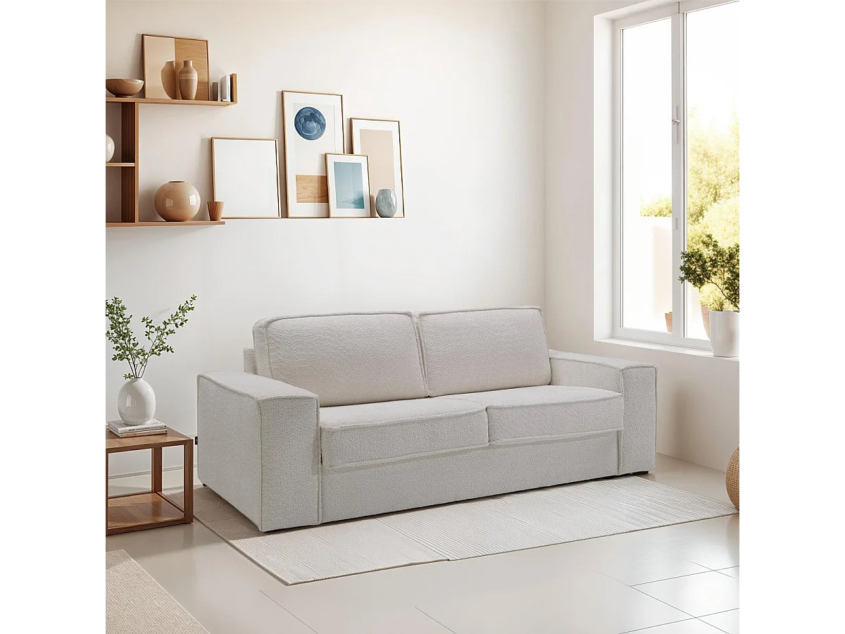 Canapé convertible 3 places en tissu bouclé écru - Ouverture express - Couchage quotidien - Matelas HD 140 x 190 - Dario
