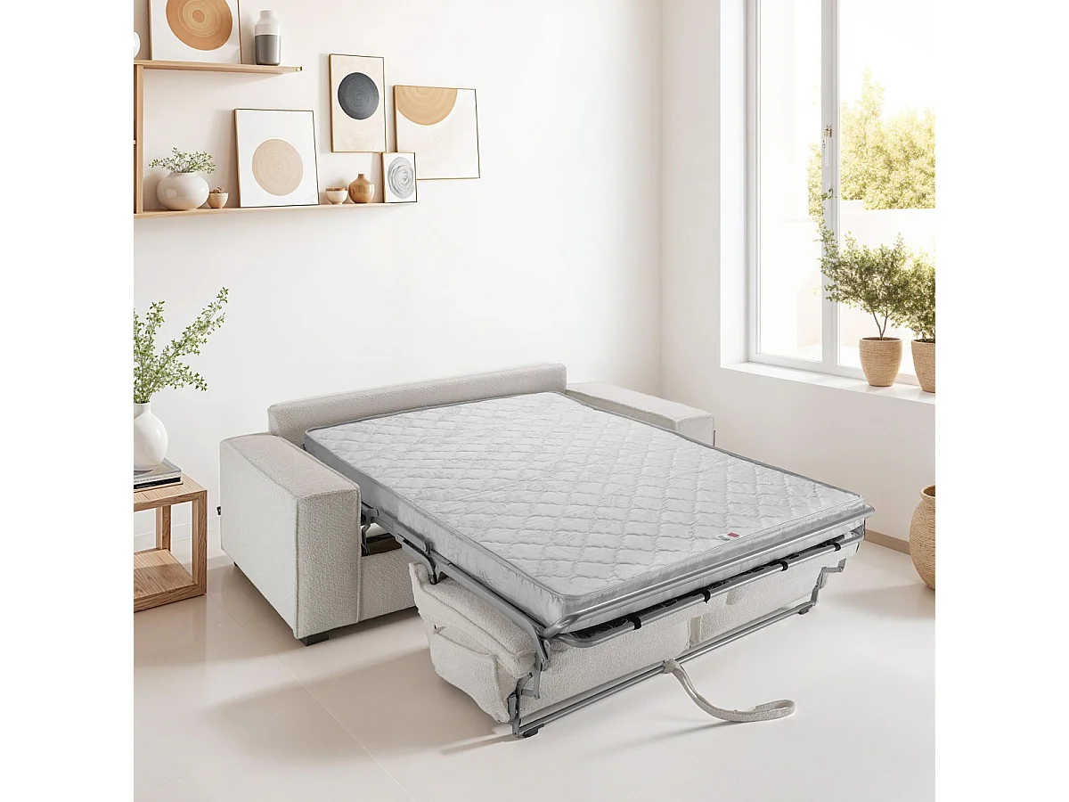 Canapé convertible 3 places en tissu bouclé écru - Ouverture express - Couchage quotidien - Matelas HD 140 x 190 - Dario
