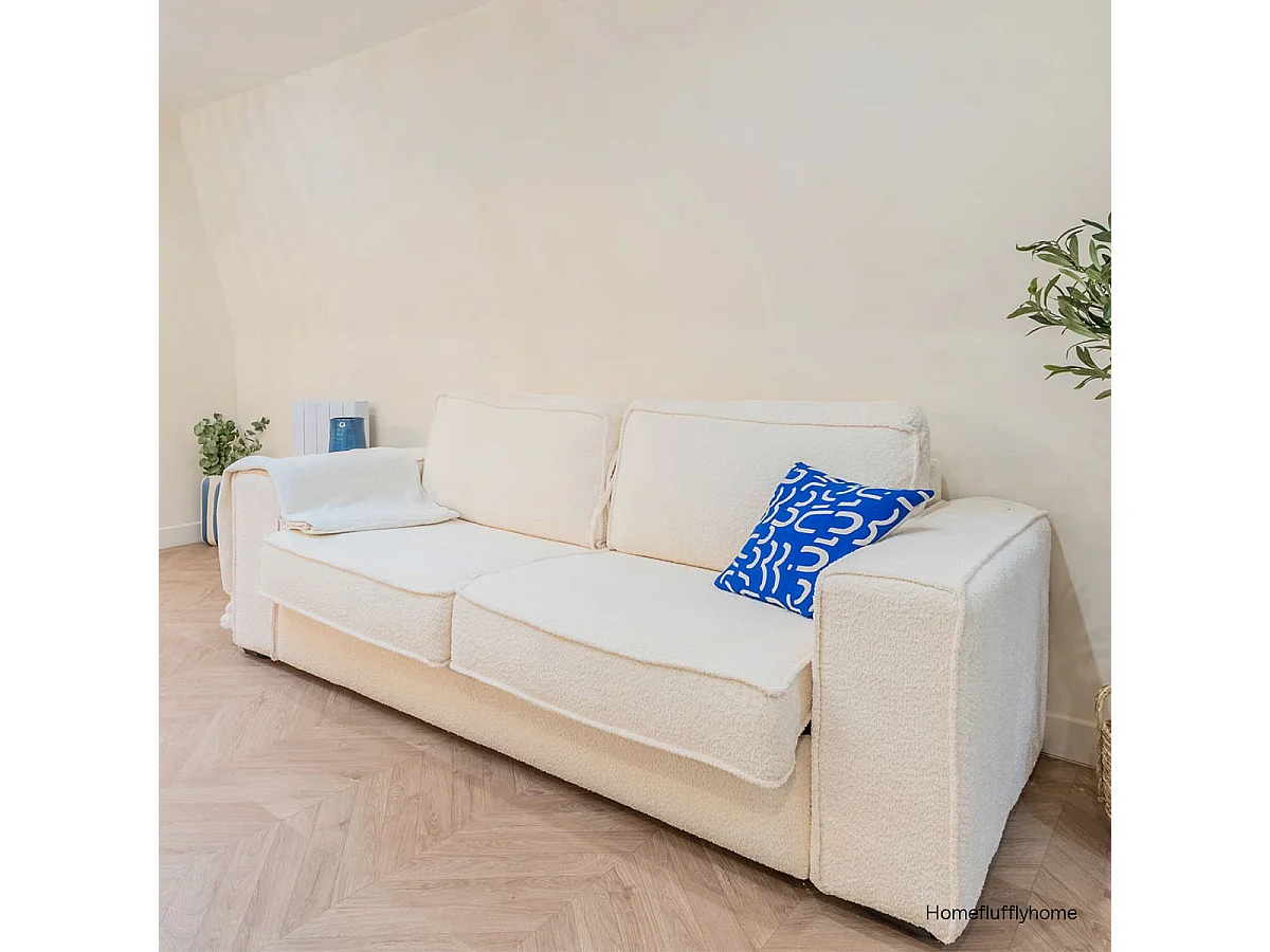 Canapé convertible 3 places en tissu bouclé écru - Ouverture express - Couchage quotidien - Matelas HD 140 x 190 - Dario