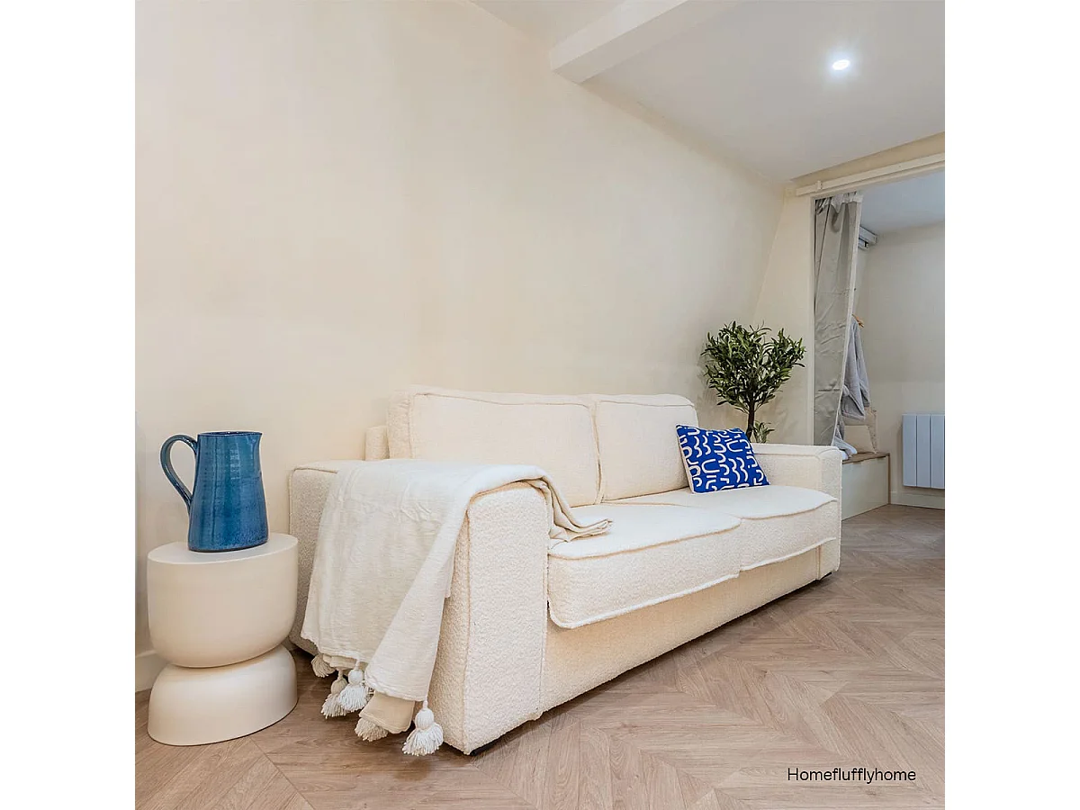 Canapé convertible 3 places en tissu bouclé écru - Ouverture express - Couchage quotidien - Matelas HD 140 x 190 - Dario