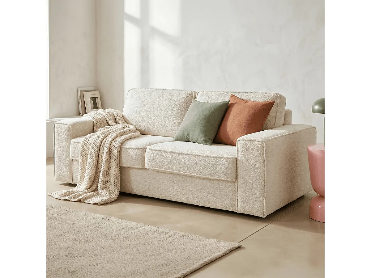 Canapé convertible 3 places en tissu bouclé écru - Ouverture express - Couchage quotidien - Matelas HD 140 x 190 - Dario