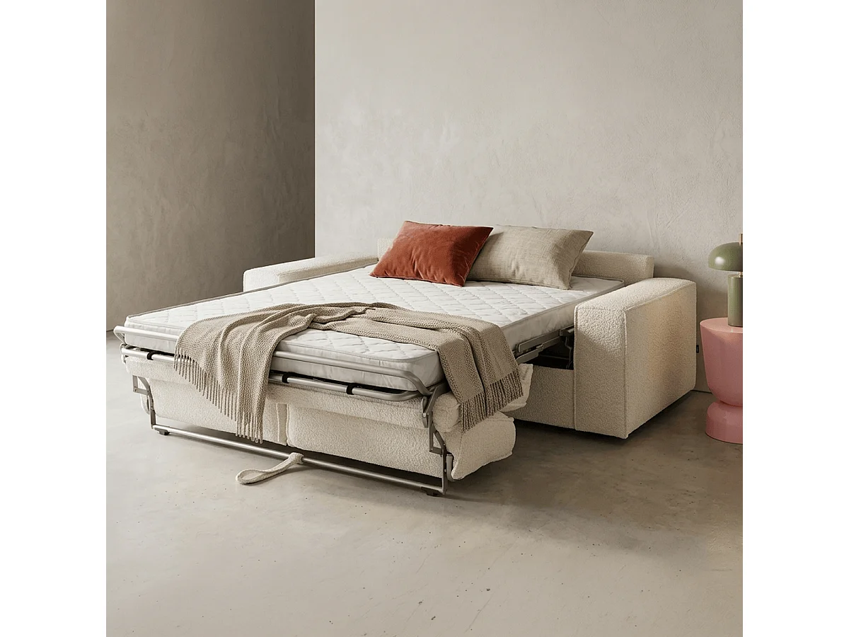 Canapé convertible 3 places en tissu bouclé écru - Ouverture express - Couchage quotidien - Matelas HD 140 x 190 - Dario