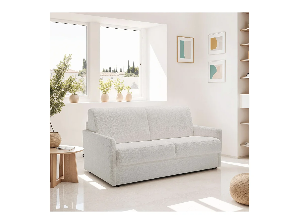 Canapé convertible 3 places en tissu bouclé écru - Ouverture express - Couchage quotidien - Matelas HD 140 x 190 - Sienne