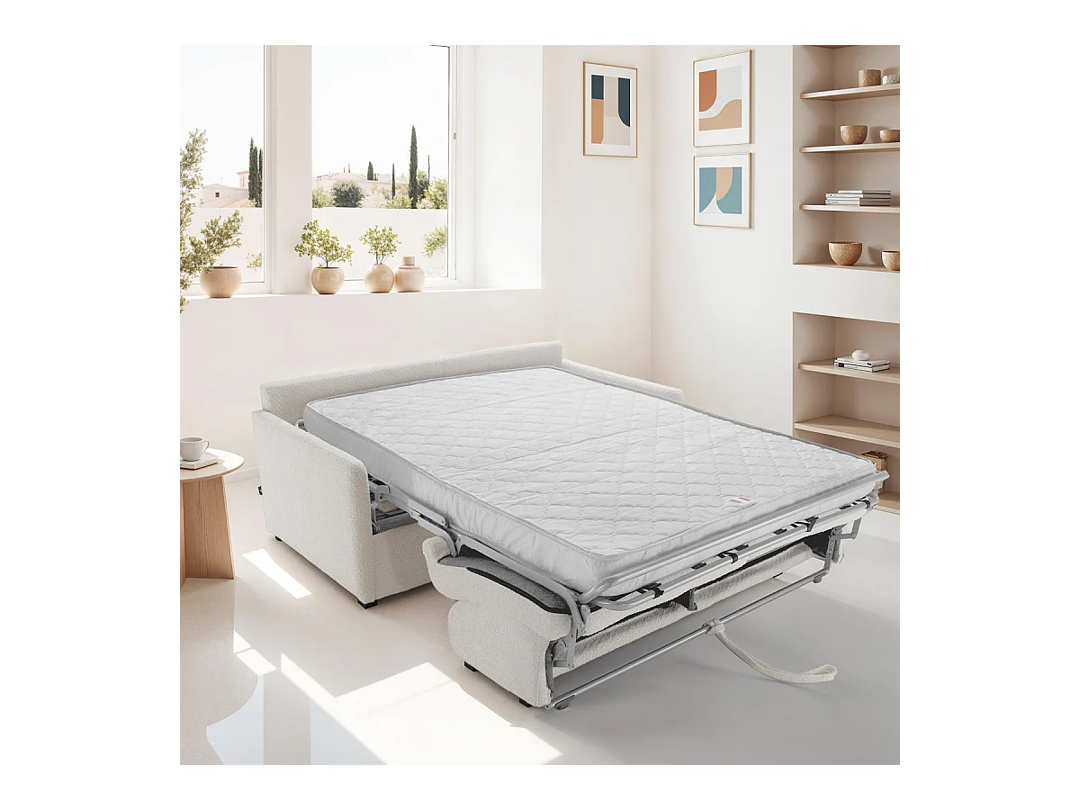 Canapé convertible 3 places en tissu bouclé écru - Ouverture express - Couchage quotidien - Matelas HD 140 x 190 - Sienne