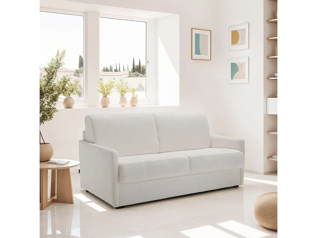 Canapé convertible 3 places en tissu bouclé écru - Ouverture express - Couchage quotidien - Matelas HD 140 x 190 - Sienne