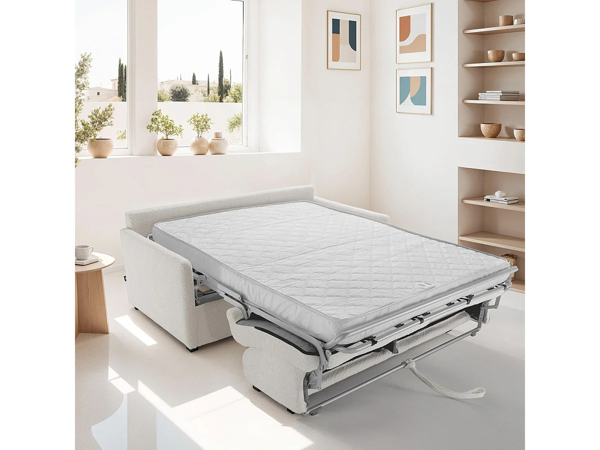 Canapé convertible 3 places en tissu bouclé écru - Ouverture express - Couchage quotidien - Matelas HD 140 x 190 - Sienne