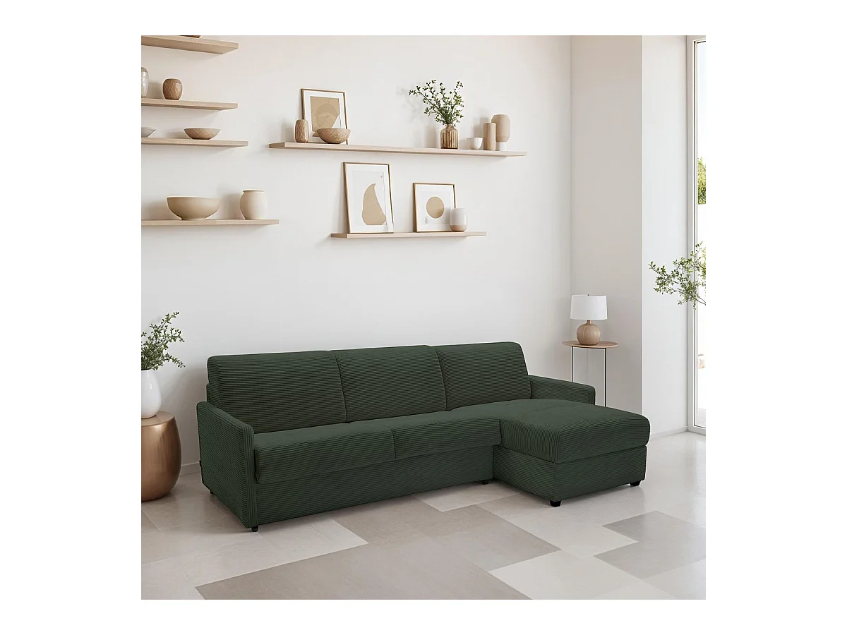 Canapé d'angle réversible convertible 3 places en velours côtelé vert - Ouverture express - Couchage quotidien - Sienne