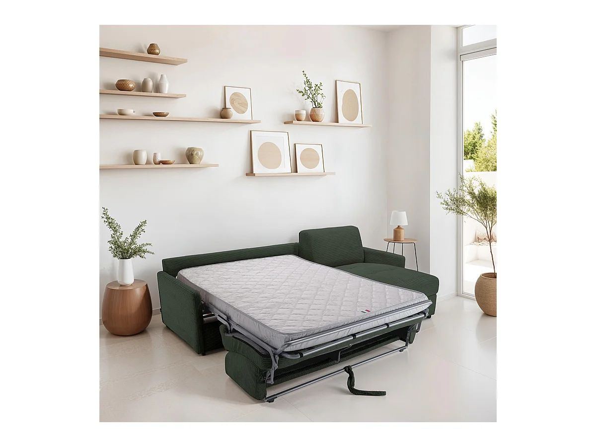 Canapé d'angle réversible convertible 3 places en velours côtelé vert - Ouverture express - Couchage quotidien - Sienne