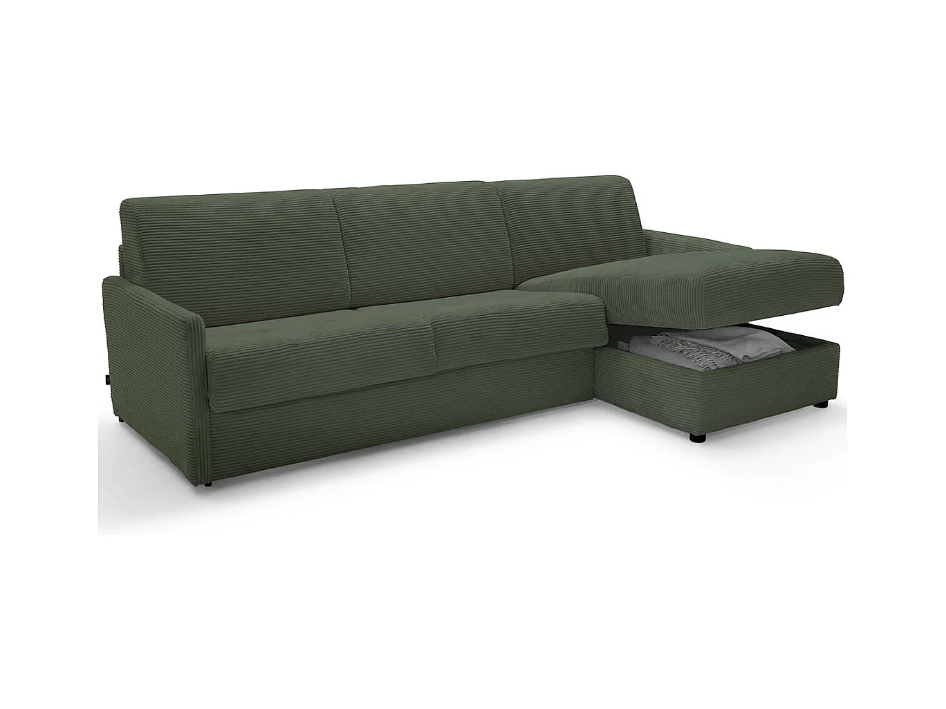 Canapé d'angle réversible convertible 3 places en velours côtelé vert - Ouverture express - Couchage quotidien - Sienne