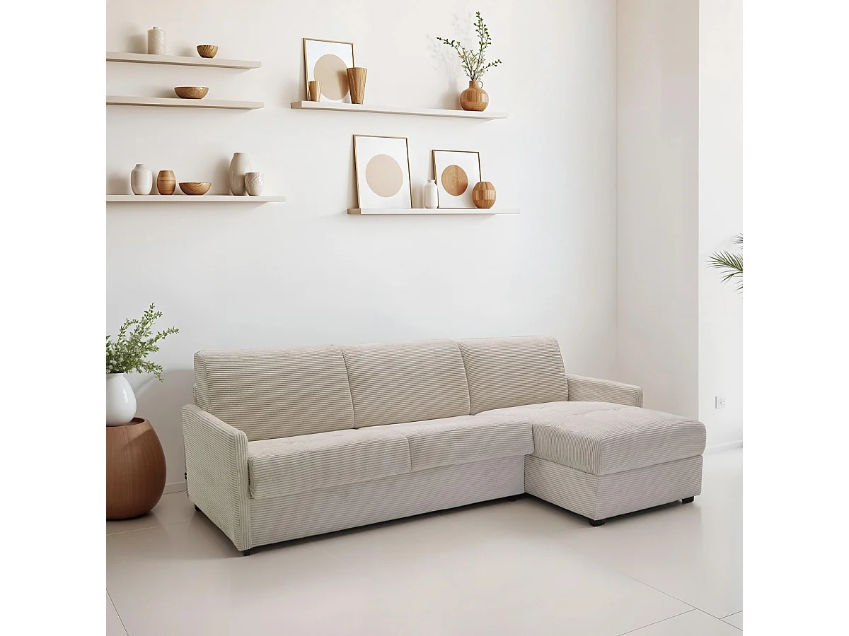 Canapé d'angle réversible convertible 3 places en velours côtelé beige - Ouverture express - Couchage quotidien - Sienne