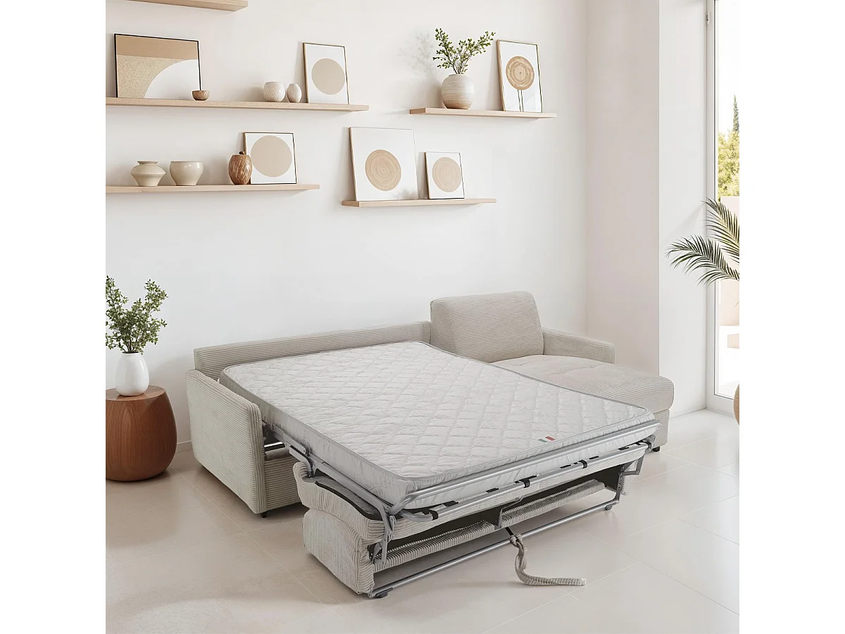 Canapé d'angle réversible convertible 3 places en velours côtelé beige - Ouverture express - Couchage quotidien - Sienne