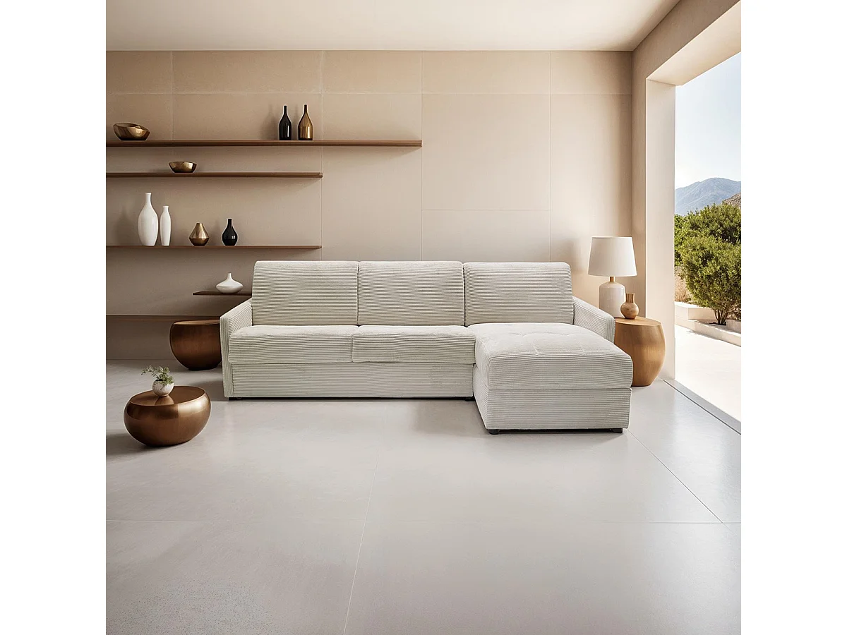Canapé d'angle réversible convertible 3 places en velours côtelé beige - Ouverture express - Couchage quotidien - Sienne