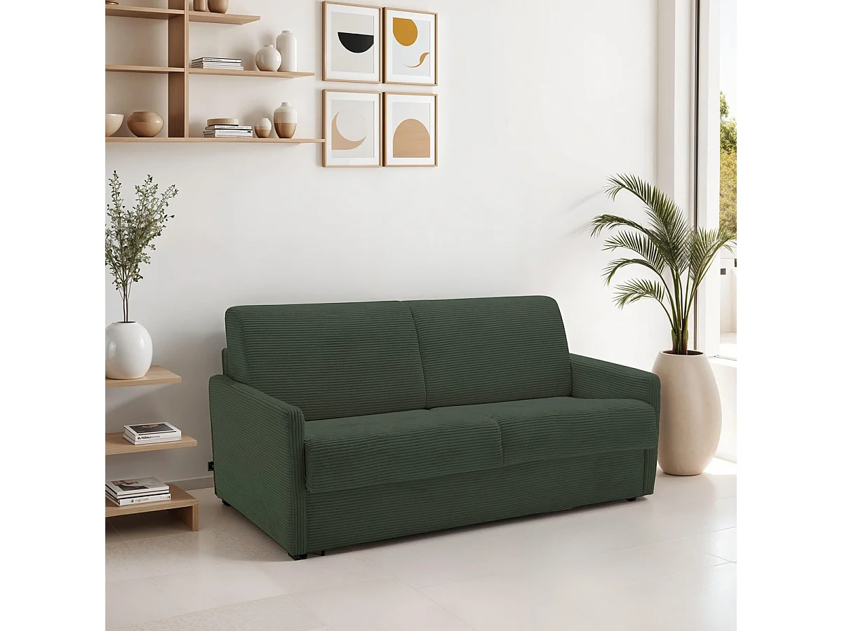 Canapé convertible 3 places en velours côtelé vert - Ouverture express - Couchage quotidien - Matelas HD 140 x 190 - Sienne