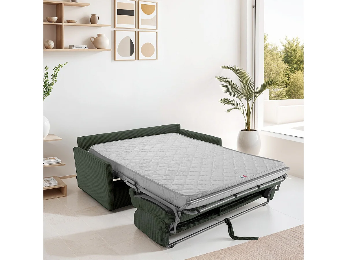 Canapé convertible 3 places en velours côtelé vert - Ouverture express - Couchage quotidien - Matelas HD 140 x 190 - Sienne