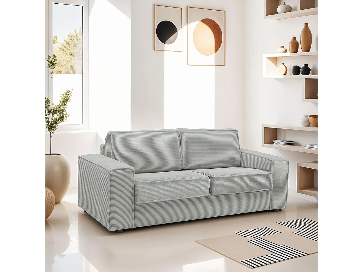 Canapé convertible 3 places en velours côtelé gris - Ouverture express - Couchage quotidien - Matelas HD 140 x 190 - Dario