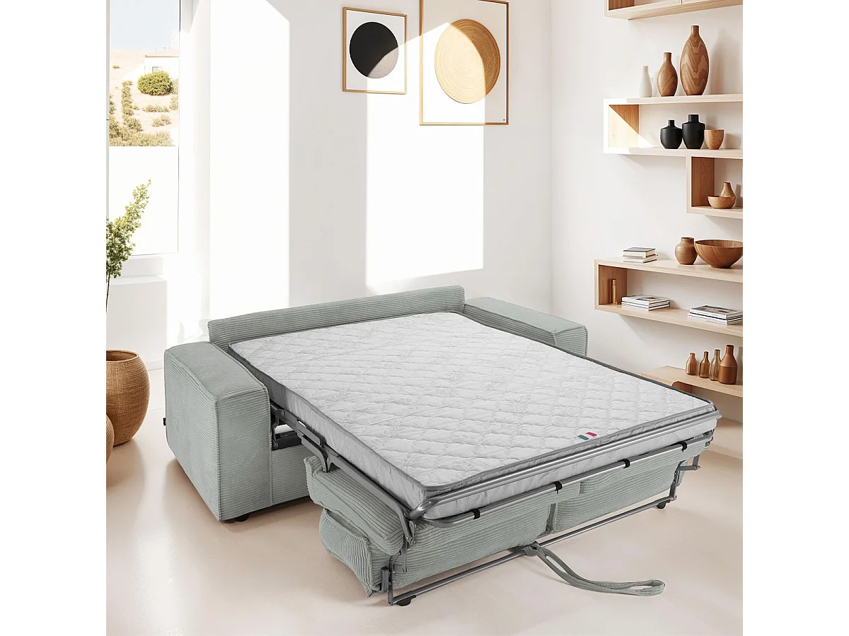 Canapé convertible 3 places en velours côtelé gris - Ouverture express - Couchage quotidien - Matelas HD 140 x 190 - Dario