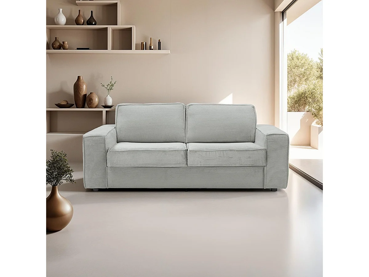 Canapé convertible 3 places en velours côtelé gris - Ouverture express - Couchage quotidien - Matelas HD 140 x 190 - Dario