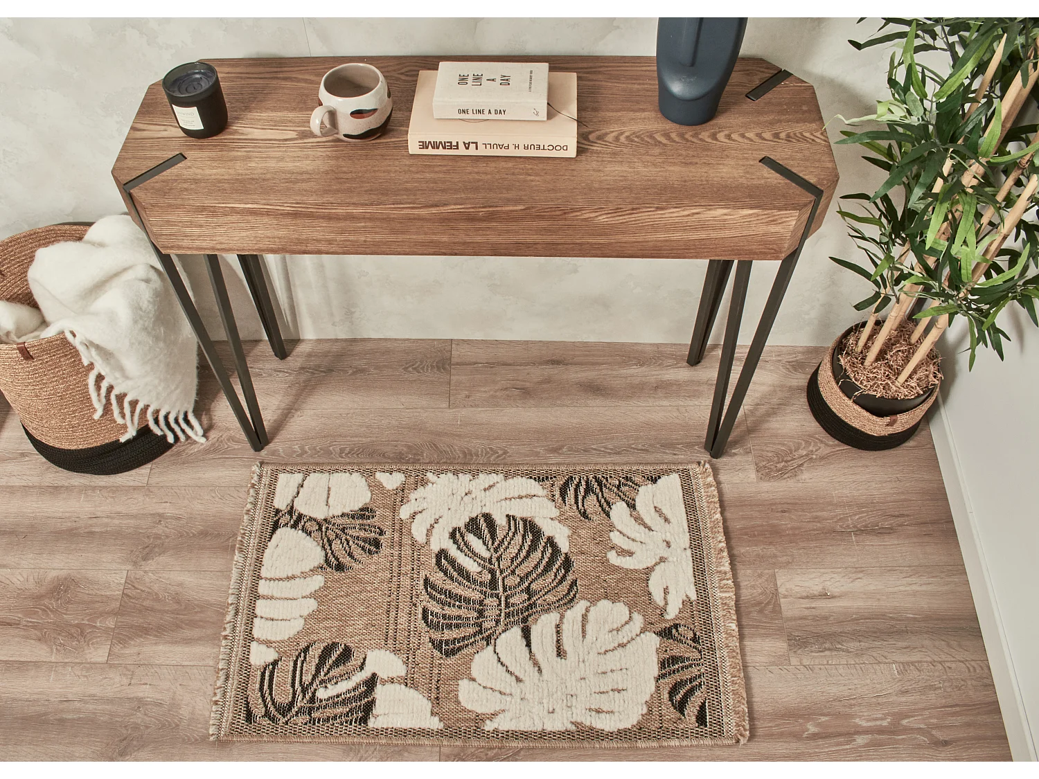 Tapis à motif feuille noir - intérieur et extérieur - Tulum - 60x90