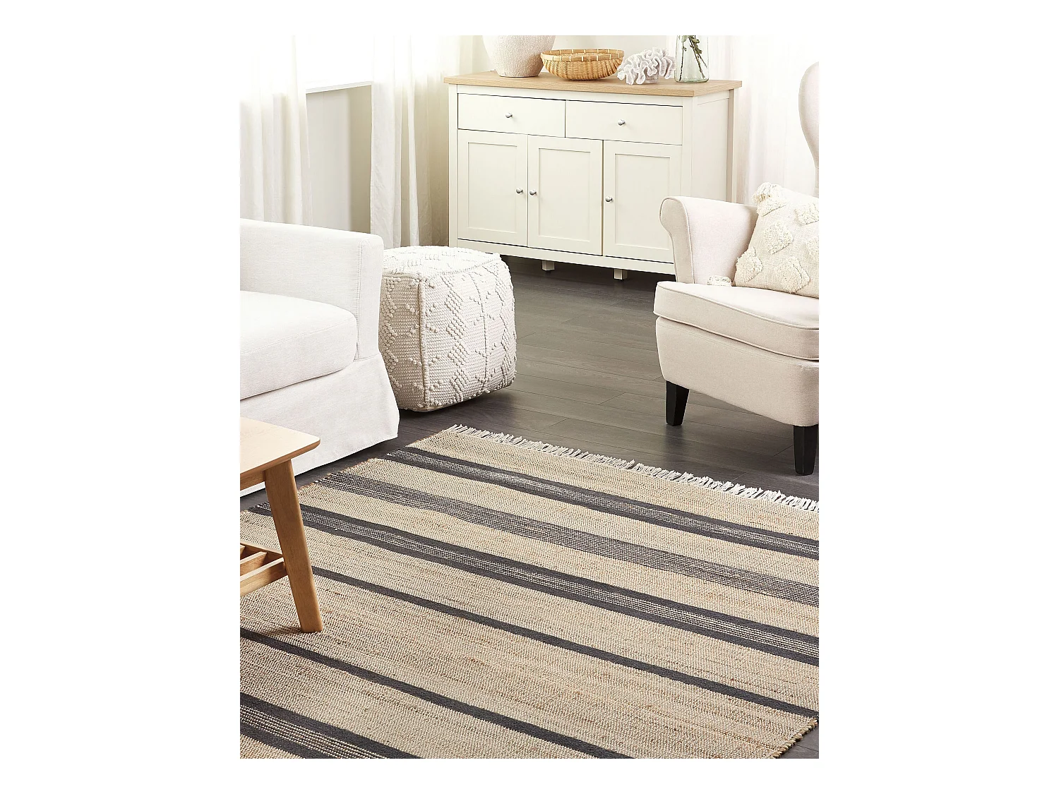 Teppich Jute beige / blau Streifen 160x230 cm hangewebt natürlich Talpur