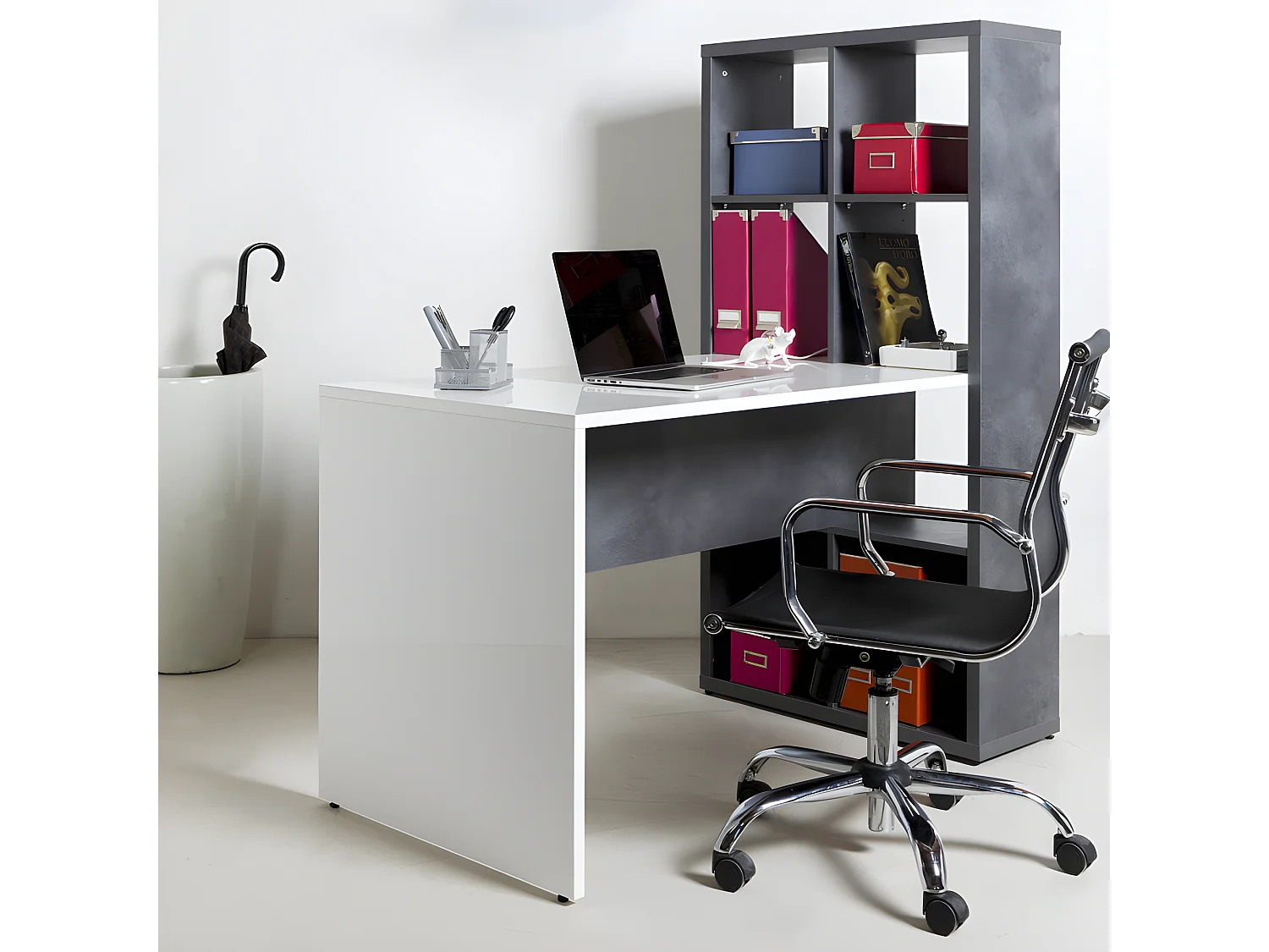 Bureau 8 rangement finition béton foncé texturé et blanc laqué - NICO